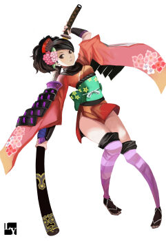 1girl absurdres armor bad_id bad_pixiv_id black_hair brown_eyes club3 female_focus flower hair_flower hair_ornament highres holding holding_sword holding_weapon japanese_armor japanese_clothes katana kimono kote kurokote momohime oboro_muramasa sandals sheath short_kimono shoulder_armor shoulder_pads simple_background sode solo sword thighhighs unsheathing weapon