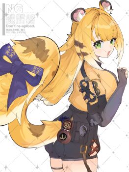 1girl animal_ear_fluff animal_ears black_shorts blonde_hair bow colored_inner_hair cowboy_shot dotted_line from_side green_eyes hashtag-only_commentary high-waist_shorts highres jacket ju_fufu looking_at_viewer multicolored_hair open_mouth samejimamayu shorts solo striped_fur striped_hair tail tail_bow tail_ornament thigh_strap tiger_ears tiger_girl tiger_stripes tiger_tail white_background yellow_jacket zenless_zone_zero