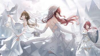 ahoge alstroemeria_(idolmaster) animal architecture bare_shoulders bird bird_on_hand blush boots breasts bridal_veil bride brown_eyes brown_hair cathedral church closed_mouth dove dress elbow_gloves european_architecture frilled_dress frills gloves gothic_architecture greatsword hair_between_eyes holding holding_shield holding_sword holding_weapon huge_ahoge huge_weapon idolmaster idolmaster_shiny_colors kuwayama_chiyuki large_breasts lifting_own_clothes long_hair looking_at_animal looking_at_viewer looking_back medium_breasts multiple_girls official_alternate_hairstyle official_art open_mouth osaki_amana osaki_tenka outdoors parted_lips red_hair scepter shield siblings sisters skirt_hold spire standing strapless strapless_dress swept_bangs sword thigh_boots tiara tower twins veil weapon wedding_dress white_bird white_boots white_dress white_gloves yellow_eyes