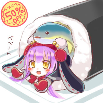 1girl animal_hood blue_capelet blush_stickers capelet emil_chronicle_online fish_on_head food gloves hood in_food lowres lying makizushi neck_ribbon on_plate open_mouth penguin_girl penguin_hood pepen_alma plate purple_hair puzzle_&amp;_dragons red_gloves red_ribbon ribbon ruki_aiuchi sale sushi white_background yellow_eyes