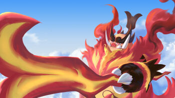 Rule 34 | absurdres, claws, cloud, commentary request, day, emboar, fire, gen 5 pokemon, highres, mega emboar, nintendo, no humans, outdoors, pokemon, pokemon (creature), pokemon focus, red eyes, sky, solo, tusks, wer (no0701), yellow pupils