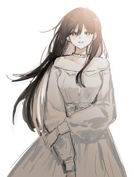 1girl :d bare_shoulders bead_choker beads black_eyes black_hair bloom breasts bright_pupils choker collarbone colored_inner_hair cowboy_shot double-parted_bangs dress grey_hair grin hair_behind_ear hair_between_eyes hair_over_shoulder half-closed_eyes hand_on_own_arm hashtag-only_commentary highres long_sleeves looking_at_viewer mari_(faraway)_(omori) mari_(omori) multicolored_hair off-shoulder_dress off_shoulder official_alternate_costume omori open_mouth pale_skin puffy_long_sleeves puffy_sleeves ribbon ribbon-trimmed_dress ribbon_trim simple_background small_breasts smile solo standing straight-on straight_hair sukinakoto1ppai tearing_up two-tone_hair white_background white_choker white_dress white_pupils white_ribbon wind