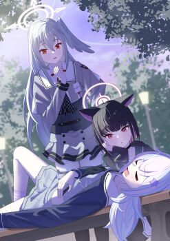 Rule 34 | 3girls, absurdres, ahoge, animal ears, black hair, blue archive, blue hair, bob cut, cat ears, colored inner hair, commentary request, cropped jacket, drooling, dutch angle, extra ears, fukujin, hair between eyes, hair ornament, halo, head rest, head wings, highres, kazusa (blue archive), lamppost, long hair, long sleeves, looking at another, low twintails, midriff, mouth drool, multicolored hair, multiple girls, on bench, open mouth, park, pink hair, pink halo, red eyes, reisa (blue archive), school uniform, serafuku, short hair, single head wing, sleeping, star (symbol), star hair ornament, suzumi (blue archive), thighhighs, tree, twintails, two-tone hair, underbust, vigilante crew (blue archive), white hair, wings, zettai ryouiki