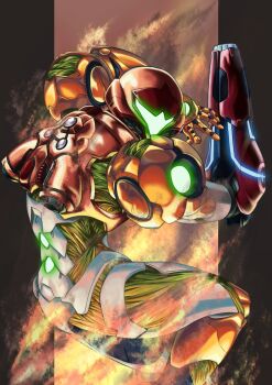 1girl arm_cannon armor black_border border brown_background check_commentary commentary_request green_visor helmet highres jetpack metroid metroid_dread nintendo pauldrons power_armor power_suit power_suit_(metroid) readying_weapon red_helmet science_fiction shoulder_armor solo varia_suit weapon zealmaker