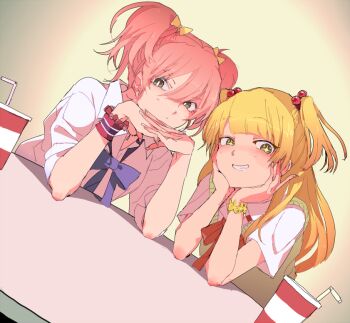 +_+ 2girls bad_id blonde_hair blush bow closed_mouth collared_shirt cup drinking_straw dutch_angle elbow_rest green_eyes grin hageshii_nakano hair_bobbles hair_bow hair_ornament head_rest idolmaster idolmaster_cinderella_girls jewelry jougasaki_mika jougasaki_rika long_hair looking_at_viewer multiple_girls necklace own_hands_together pink_hair shirt short_sleeves siblings sisters sitting smile sweater_vest table two_side_up white_shirt