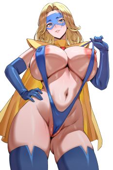 Rule 34 | aaaegis, absurdres, areola slip, blonde blazer, blonde hair, blue eyes, blue gloves, blue mask, blue slingshot swimsuit, blue thighhighs, blush, breasts, cape, commentary request, covered erect nipples, dispatch, domino mask, elbow gloves, eye mask, gem, gloves, highres, huge breasts, long hair, looking at viewer, mask, navel, nipples, one breast out, parted lips, shiny skin, short cape, simple background, slingshot swimsuit, smile, solo, standing, swimsuit, thighhighs, white background, yellow cape