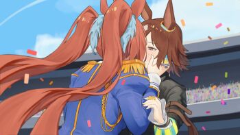 2girls aiguillette animal_ears black_jacket blue_jacket brown_eyes brown_hair commentary confetti crowd daiwa_scarlet_(peak_blue)_(umamusume) daiwa_scarlet_(umamusume) ear_ornament english_commentary epaulettes hair_intakes highres horse_ears horse_girl index_ring jacket kiss multiple_girls omiglop twintails umamusume vodka_(umamusume) vodka_(wild_top_gear)_(umamusume) yuri