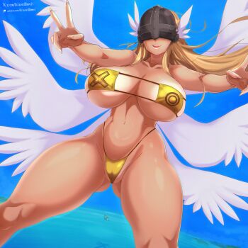 1girl angel angel_wings angewomon bikini blue_background blue_sky covered_eyes cowboy_shot dark-skinned_female dark_skin dclaret digimon digimon_(creature) gold_bikini head_wings helmet helmet_over_eyes highres midair multiple_wings ocean sky solo swimsuit tan white_wings wings