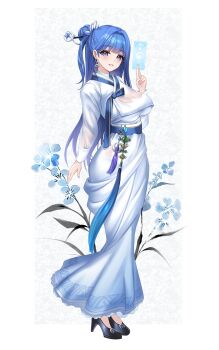 1girl arcana_(nikke) between_fingers black_shoes blue_eyes blue_flower blue_hair border breasts card card_between_fingers crescent crescent_earrings earrings eyelashes floral_background flower full_body goddess_of_victory:_nikke hair_bun hair_intakes hair_ornament hair_ribbon hair_stick high_heels highres holding holding_card jewelry korean_clothes large_breasts long_hair long_skirt long_sleeves looking_at_viewer outside_border parted_lips revision ribbon see-through_cleavage see-through_clothes shoes skirt smile solo standing tassel trhisell wet wet_clothes white_border white_ribbon white_skirt