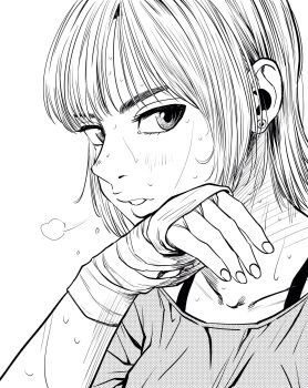 1girl breasts breath collarbone commentary_request earrings greyscale hand_wraps hatching_(texture) highres jewelry lee_(dragon_garou) lips medium_hair monochrome original parted_lips portrait profile small_breasts solo sweat