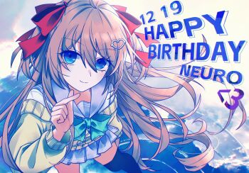 1girl ahoge aqua_bow aqua_bowtie black_thighhighs blue_eyes blue_sailor_collar blue_skirt bow bowtie brown_hair cardigan character_name closed_mouth commentary english_commentary feet_out_of_frame finger_heart hair_between_eyes hair_ornament hair_ribbon happy_birthday heart heart_hair_ornament highres long_hair long_sleeves looking_at_viewer miniskirt neuro-sama pleated_skirt red_ribbon ribbon sailor_collar skirt skyrealplane smile solo thighhighs timestamp two_side_up vedal_ai virtual_youtuber yellow_cardigan