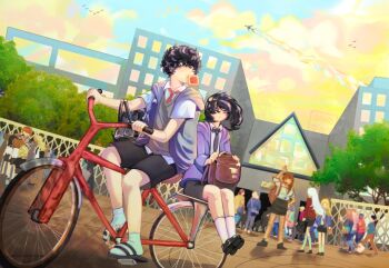 Rule 34 | 1boy, 4girls, aged down, aircraft, airplane, bag, bicycle, black hair, black necktie, bread, bread slice, cassie (shadow slave), character request, check character, collared shirt, commentary, contrail, cuttlefishfish, dutch angle, effie (shadow slave), english commentary, food, food in mouth, full body, grey vest, jacket, mouth hold, multiple girls, necktie, nephis (shadow slave), outdoors, people, purple jacket, rain (shadow slave), red necktie, school, shadow slave, shirt, short hair, shoulder bag, simple bird, sunny (shadow slave), toast, toast in mouth, vest, white shirt