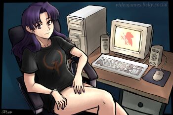 1girl bare_legs black_shirt breasts computer computer_keyboard curvy earrings jewelry katsuragi_misato long_hair looking_at_viewer medium_breasts neon_genesis_evangelion print_shirt purple_eyes purple_hair shirt short_shorts shorts sitting smile solo videajames