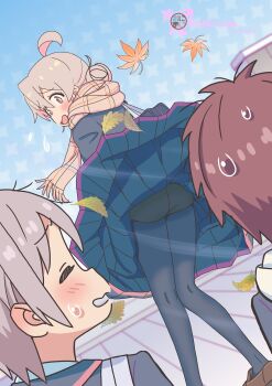 1girl 2boys absurdres ahoge artist_name autumn_leaves bag black_pantyhose blush brown_eyes brown_hair brown_shoes closed_eyes clothes_lift commentary copyright_name day flying_sweatdrops from_behind grey_hair hair_between_eyes hair_bun highres leaf loafers long_skirt looking_back male-female_symbol multiple_boys onii-chan_wa_oshimai! open_mouth outdoors oyama_mahiro pantyhose pink_hair plaid_clothes plaid_scarf pleated_skirt robomito sakurada_yuuta scarf school_bag school_uniform senkawa_minato shoes skirt skirt_lift sweatdrop upskirt wavy_mouth wind wind_lift yotsuba_university_affiliated_junior_high_school_uniform