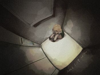 Rule 34 | 1boy, artist name, basil (faraway) (omori), basil (omori), black shoes, blonde hair, brown shorts, commentary, dated, elevator, green sweater vest, hashtag-only commentary, highres, indoors, knees up, male focus, o51515o, omori, shirt, shoes, short hair, short sleeves, shorts, sitting, socks, solo, sweater vest, white shirt, white socks