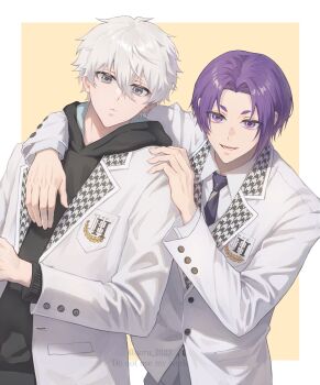 Rule 34 | 2boys, arm on another's shoulder, black hoodie, blazer, blue lock, border, closed eyes, collared shirt, grey eyes, hakuho high school uniform, hand on another's shoulder, hashtag-only commentary, highres, hood, hood down, hoodie, jacket, jacket over hoodie, looking at viewer, male focus, mikage reo, multiple boys, nagi seishirou, necktie, open mouth, outside border, purple eyes, purple hair, school uniform, shirt, short eyebrows, short hair, soru 2023, twitter username, white border, white hair, white jacket, white shirt