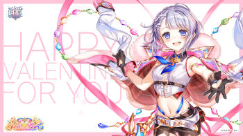 Rule 34 | 1girl, baizu (guszx), belt, black gloves, black shorts, blue eyes, blue ribbon, blush, braid, breasts, collared shirt, crop top, gem, gloves, grey hair, hair intakes, highres, jewelry, looking at viewer, navel, official art, official wallpaper, open hand, open mouth, outstretched arm, outstretched hand, reaching, reaching towards viewer, ribbon, shironeko project, shirt, short hair, short shorts, shorts, sleeveless, sleeveless shirt, small breasts, smile, solo, spread fingers, standing, tina topia, upper body, white belt