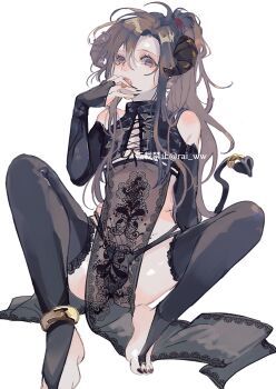 1boy ahoge alternate_costume amana_raika androgynous anklet ass bare_shoulders barefoot black_bridal_gauntlets black_gloves black_horns black_nails black_panties black_shirt black_tail black_thighhighs bridal_gauntlets brown_hair bulge cleavage_cutout clothing_cutout commentary_request covered_navel crop_top cross-laced_clothes crossdressing crossdressing_(mtf) curled_horns demon_boy demon_horns demon_tail elbow_gloves eyelashes fang feet fingerless_gloves fingernails full_body gloves hair_between_eyes hand_on_own_face hand_up highres horns jewelry lace lace-trimmed_thighhighs lace_trim licking licking_finger licking_own_finger lingerie long_hair looking_at_viewer male_focus modao_zushi mole nail_polish no_shoes panties parted_bangs parted_lips pelvic_curtain ponytail purple_eyes revealing_clothes see-through_clothes sharp_fingernails shirt sidelocks simple_background sitting sleeveless sleeveless_shirt solo spread_legs tail thighhighs toeless_legwear toenail_polish toenails toes tongue tongue_out trap twitter_username underwear wei_wuxian white_background