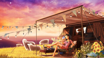 1girl absurdres barefoot bird bird_on_hand black_hair blue_bird blue_bow blue_flower bottle bow bracelet brown_eyes camping canopy_(shelter) chair cloud cloudy_sky colorful_clouds commentary crossed_legs dress dress_bow english_commentary evening fingernails flower flower_request food forehead fruit fruit_bowl full_body grass hand_up highres horizon jewelry lantern leg_up long_hair looking_at_animal meadow motor_vehicle ocean off-shoulder_dress off_shoulder on_chair original outdoors parted_lips pink_dress pink_lips radio ring scenery sheep sitting sky soles solo star_(sky) straight_hair string_of_flags string_of_light_bulbs sunflower table tablecloth tofufuyu0112 van very_long_hair water_bottle watermark white_flower yellow_flower