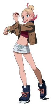 1girl betti_(xx_betti) blonde_hair blue_eyes breasts brown_jacket crop_top cropped_shirt gradient_hair hair_bun highres holding holding_poke_ball jacket long_sleeves mega_ring midriff multicolored_hair navel nintendo open_clothes open_jacket open_mouth pink_hair poke_ball poke_ball_(basic) pokemon pokemon_legends:_z-a red_shirt shirt shoes shorts smile solo stretching taunie_(pokemon) teeth upper_teeth_only white_shorts