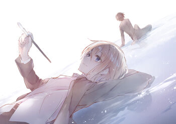 Rule 34 | 2boys, arm behind head, arm support, black hair, black jacket, blonde hair, blue eyes, closed mouth, commentary request, dutch angle, hand up, holding, holding paintbrush, jacket, kusanagi naoya, light particles, long sleeves, looking up, lying, motoyon, multiple boys, natsume kei (sakura no uta), on back, paintbrush, reflective ground, relaxing, sakura no toki, sakura no uta, shirt, short hair, sitting, smile, solo focus, white background, white shirt