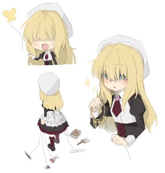 1other apron black_dress black_footwear blonde_hair blue_eyes blush_stickers book bow brooch bug butterfly chibi colored_eyelashes commentary_request corset cross-laced_clothes cross-laced_corset dress eraser full_body gem ghkdakrh1129 hair_over_eyes hat holding holding_string insect jewelry juliet_sleeves key keyring korean_commentary light_blush long_hair long_sleeves maid mob_cap multiple_views necktie open_mouth paintbrush parted_lips pen puffy_sleeves purple_gemstone red_necktie red_socks ruler scissors simple_background sleeve_cuffs smile socks sparkle spoilers string umineko_no_naku_koro_ni upper_body waist_apron white_background white_bow yasu_(umineko)