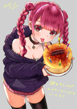 Rule 34 | 1girl, bare shoulders, birthday, black choker, black thighhighs, blush, braid, breasts, cake, cheesecake, choker, cleavage, english text, food, grey background, happy birthday, heart pendant, highres, holding, holding cake, holding food, long hair, looking at viewer, miniskirt, open mouth, original, pink skirt, red eyes, red hair, simple background, skirt, smile, solo, thighhighs, thighs, tongue, tongue out, translation request, twin braids, yumeno tanuki
