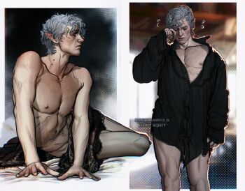 Rule 34 | 1boy, astarion, baldur's gate, baldur's gate 3, black background, black shirt, blanket, commentary request, copyright request, curly hair, dungeons & dragons, dungeons &amp; dragons, hand on own hip, highres, male focus, outside border, oversized clothes, shirt, umikochannart, under covers, white hair