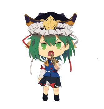 Rule 34 | 1girl, black boots, black hat, black skirt, blue vest, boots, chibi, chibi only, epaulettes, frilled hat, frills, full body, green hair, hat, highres, long sleeves, looking at viewer, onionmay, open mouth, ribbon-trimmed skirt, ribbon trim, rod of remorse, shiki eiki, shirt, simple background, skirt, solo, teeth, touhou, upper teeth only, vest, white background, white shirt