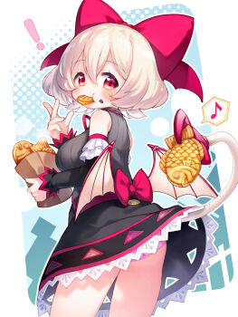 ! 1girl :t aqua_background back_bow bag bare_shoulders black_skirt black_sleeves blonde_hair bob_cut border borrowed_character bow breasts commentary_request commission cowboy_shot detached_sleeves double-parted_bangs eating flipped_hair food food_on_face grey_shirt hand_up head_bow highres holding holding_bag holding_with_tail kito_(sorahate) lace lace-trimmed_skirt lace_trim large_bow looking_back lopsided_border medium_breasts musical_note original outline outside_border panties panty_peek paper_bag petite pink_bow pink_panties pink_trim prehensile_tail red_eyes shirt skeb_commission skirt sleeveless sleeveless_shirt solo spoken_musical_note tail taiyaki thighs underwear wagashi white_border white_outline white_tail