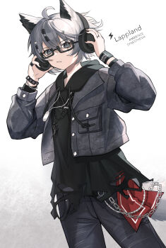 1girl absurdres ahoge ambience_synesthesia animal_ears arknights black-framed_eyewear black_hoodie black_nails chain character_name copyright_name cowboy_shot denim dog_tags grey_eyes grey_hair grey_jacket grey_pants headphones highres hood hoodie jacket jacket_over_hoodie jeans lappland_(ambience_synesthesia)_(arknights) lappland_(arknights) long_sleeves official_alternate_costume open_clothes open_jacket pants pumpkinnn scar scar_across_eye scar_on_face semi-rimless_eyewear short_hair simple_background solo sweatband tail under-rim_eyewear wavy_mouth white_background