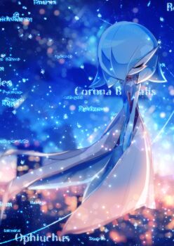 Rule 34 | 1girl, alternate color, alternate hairstyle, ascot, blue background, blue hair, blue skin, blue theme, blurry, blurry background, bokeh, chisen maimai, closed eyes, closed mouth, colored skin, constellation, depth of field, female focus, flat chest, full body, gardevoir, gen 3 pokemon, hair over one eye, happy, latin text, lens flare, light particles, multicolored skin, nintendo, one eye covered, own hands together, pokemon, pokemon (creature), shiny pokemon, short hair, smile, solo, standing, two-tone skin, u u, underlighting, v arms, white ascot, white skin