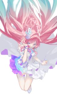 1girl akaguchi_35 bare_shoulders blue_hair breasts commentary_request cyrene_(honkai:_star_rail) cyrene_(ripples_of_past_reverie)_(honkai:_star_rail) diamond-shaped_pupils diamond_(shape) dress earrings flower gradient_hair hair_flower hair_ornament high_heels highres honkai:_star_rail honkai_(series) jewelry large_breasts long_hair looking_at_viewer multicolored_hair pink_eyes pink_hair purple_eyes simple_background skirt solo symbol-shaped_pupils thighs very_long_hair white_background white_dress