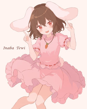 1girl :d absurdres animal_ears blush brown_hair character_name commentary_request double-parted_bangs feet_out_of_frame floppy_ears frilled_shirt frilled_skirt frills hair_between_eyes happy highres inaba_tewi index_finger_raised index_fingers_raised iris-san light_blush looking_at_viewer medium_hair open_mouth pink_shirt pink_skirt rabbit_ears rabbit_girl rabbit_tail red_eyes ribbon-trimmed_sleeves ribbon_trim shirt short_sleeves simple_background skirt skirt_set smile solo standing tail touhou white_background