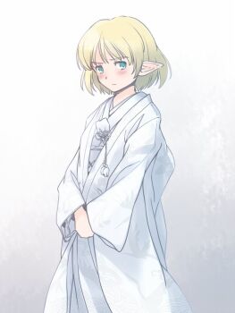 1girl alternate_costume blonde_hair blush commentary_request feet_out_of_frame green_eyes grey_background japanese_clothes kimono light_frown long_sleeves mizuhashi_parsee own_hands_together pointy_ears rangycrow shiromuku short_hair sideways_glance solo tassel touhou uchikake white_kimono