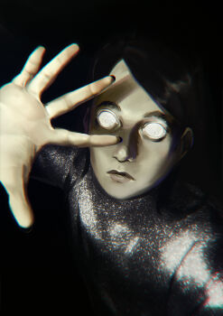 1girl babro black_background black_hair grey_shirt hand_up highres liminala_(vinesauce) partially_shaded_face shirt simple_background solo static static_eyes tomodachi_life tomodachi_life:_living_the_dream vinesauce