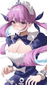 Rule 34 | 1girl, absurdres, ahoge, blue dress, blue streaks, breasts, cleavage, cleavage cutout, clothing cutout, commentary request, dress, highres, hololive, looking at viewer, maid headdress, medium breasts, minato aqua, minato aqua (1st costume), multicolored hair, nail polish, nekoshima kaede, pink hair, pink nails, purple eyes, solo, streaked hair, virtual youtuber, white background, white headdress