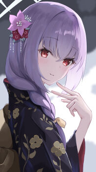 1girl absurdres alternate_costume atsuko_(blue_archive) backlighting black_kimono blue_archive blush bow braid closed_mouth commentary eyelashes eyes_visible_through_hair floral_print floral_print_kimono flower from_side hair_between_eyes hair_bow hair_flower hair_ornament halo hand_up highres japanese_clothes kanzashi kimono kuronagasu_ir long_hair long_sleeves looking_at_viewer low_twin_braids pink_flower print_kimono purple_hair red_eyes red_flower smile solo twin_braids upper_body v white_halo wide_sleeves yellow_bow yukata