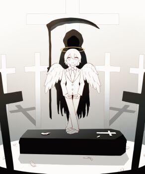 1boy 1other angel angel_wings animated animated_gif avogado6 ballet colored_skin commentary cross dancing death_(entity) feathered_wings feathers floating formal_clothes grave grim_reaper halo highres hood hopping looking_at_viewer looping_animation monochrome necktie original pants scythe shadow shoes smile spinning suit white_eyes white_feathers white_hair white_necktie white_pants white_shoes white_skin white_suit white_wings wings