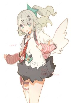 1girl arm_warmers bandaid bandaid_hair_ornament black_skirt blush bow collar commentary_request cowboy_shot earrings erua_(_8eru) fur-trimmed_skirt fur_trim green_bow green_eyes green_hair hair_ornament heart heart_hair_ornament highres jewelry looking_at_viewer multiple_hair_clips multiple_thigh_straps musical_note_earrings necktie open_mouth pink_arm_warmers pink_bag polka_dot polka_dot_bow ponytail red_necktie shirt simple_background skirt solo striped_arm_warmers sunna_(zenless_zone_zero) thigh_strap twitter_username v-shaped_eyebrows white_background white_shirt white_wings winged_bag wings zenless_zone_zero