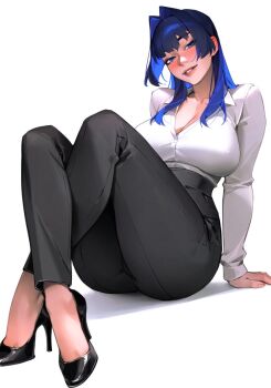 1girl alternate_costume black_pants black_shoes blue_eyes blue_hair blush breasts cleavage collarbone collared_shirt colored_inner_hair commentary crossed_ankles feet full_body hair_intakes high_heels highres hololive hololive_english huge_breasts knees_up long_hair long_sleeves looking_at_viewer milioppe multicolored_hair office_lady ouro_kronii pants parted_lips shirt shoes simple_background sitting smile solo thighs toe_cleavage virtual_youtuber white_background white_shirt