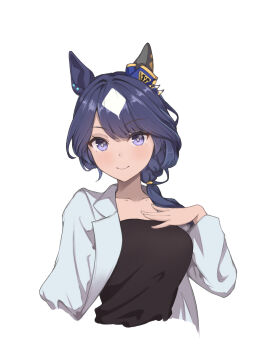 1girl alternate_hairstyle animal_ears black_shirt blue_eyes blue_hair blush braid breasts closed_mouth collarbone commentary_request cropped_torso ear_covers hair_between_eyes horse_ears horse_girl jacket long_hair looking_at_viewer mole mole_under_eye multicolored_hair peperoncino-sama ponytail shirt simple_background single_ear_cover smile solo umamusume verxina_(umamusume) white_background white_jacket