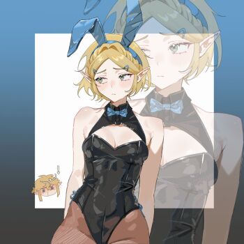 1girl animal_ears arisu_art black_leotard blonde_hair bow braid breasts cleavage cleavage_cutout clothing_cutout crown_braid green_eyes hair_ornament hairclip leotard link nintendo pantyhose parted_bangs pointy_ears princess_zelda rabbit_ears short_hair the_legend_of_zelda the_legend_of_zelda:_tears_of_the_kingdom