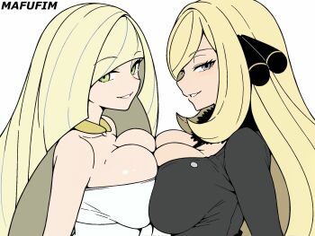 breast_press breasts cleavage cynthia_(pokemon) highres large_breasts lusamine_(pokemon) mafufim nintendo pokemon simple_background symmetrical_docking white_background
