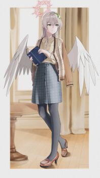 Rule 34 | 1girl, absurdres, angel wings, blue archive, book, border, brown eyes, brown shoes, cardigan, cardigan on shoulders, casual, commentary, english commentary, feathered wings, flower, full body, hair flower, hair intakes, hair ornament, halo, highres, holding, holding book, indoors, long hair, nagisa (blue archive), outside border, pantyhose, red halo, rennna26, shirt, shoes, skirt, solo, standing, table, white border, white wings, wings, yellow shirt