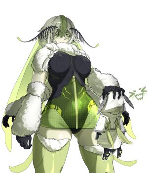 >_< 1girl absurdres antennae arthropod_girl black_leotard black_sclera braid breasts colored_sclera colored_skin commentary english_commentary extra_arms fluffy green_eyes green_hair green_skin highres holding indie_virtual_youtuber insect_girl insect_wings joomfie_(juniper_actias) juniper_(artist) juniper_actias large_breasts leotard monster_girl moth_antennae moth_girl moth_hair_ornament moth_wings pointy_ears see-through_clothes thick_thighs thighhighs thighs twin_braids virtual_youtuber white_background white_hair wings