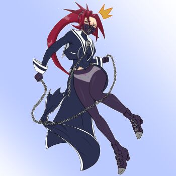 Rule 34 | 1girl, adapted costume, artist request, blush, bodysuit, boots, bow, bow panties, breasts, capcom, chain, clenched hands, delinquent, embarrassed, female focus, full body, gloves, gradient background, hair ornament, highres, zaki (justice gakuen), holding, holding chain, humiliation, justice gakuen, leather, long hair, looking down, mask, medium breasts, midriff peek, moero! justice gakuen, mouth mask, panties, pantyhose, parted bangs, pink panties, polka dot, polka dot panties, ponytail, purple eyes, red hair, sailor collar, see-through clothes, sidelocks, simple background, skirt, spiked hair, torn clothes, torn skirt, tsundere, underwear, very long hair, wardrobe malfunction