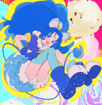 1girl 35kawaiiprpr :d absurdres animal_ears big_hair blue_boots blue_eyes blue_gloves blue_hair blue_skirt boots bubble_skirt commentary_request cure_gelato fang food gloves highres ice_cream kirakira_precure_a_la_mode lion_ears lion_girl lion_tail long_hair looking_at_viewer magical_girl open_mouth precure single_thighhigh skirt smile solo tail tategami_aoi thighhighs very_long_hair