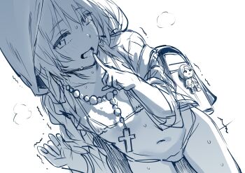 1girl backlighting backpack bag bead_necklace beads bent_over bikini character_doll coat commentary doll dutch_angle english_commentary finger_to_mouth greyscale hews highres hood hood_up jewelry jubilee_2025 loli looking_at_viewer luce_(jubilee_2025) monochrome navel necklace open_clothes open_coat puppet raincoat randoseru rosary short_hair shushing sketch solo sweat swimsuit trembling unfinished