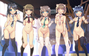 Rule 34 | 5girls, animal ear fluff, animal ears, between breasts, black gloves, black hair, black legwear, blue eyes, blue hair, blurry, blurry background, blush, bow, braid, breasts, brown eyes, brown hair, cat ears, cat tail, censored, detached collar, elbow gloves, extra ears, gloves, gluteal fold, hair bow, hairband, highres, kurozu, large breasts, long hair, looking at viewer, medium breasts, multiple girls, naked necktie, navel, necktie, necktie between breasts, nipples, nude, open mouth, original, outstretched arms, pink eyes, short hair, short necktie, small breasts, smile, standing, tail, take your pick, thighhighs, twin braids, twintails, white gloves, white legwear, wrist cuffs